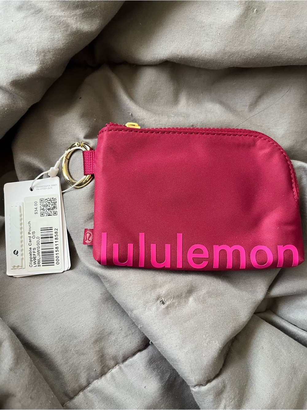 Lululemon Red/Pink Clippable Card Pouch with Gold Ring